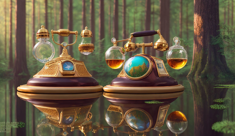 Vintage telephones with glowing liquid in glass flasks, set in forest with reflective surface