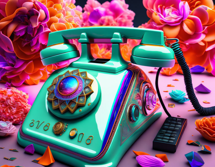 Vibrant Retro-Style Turquoise Rotary Phone with Artificial Flowers on Pink Background