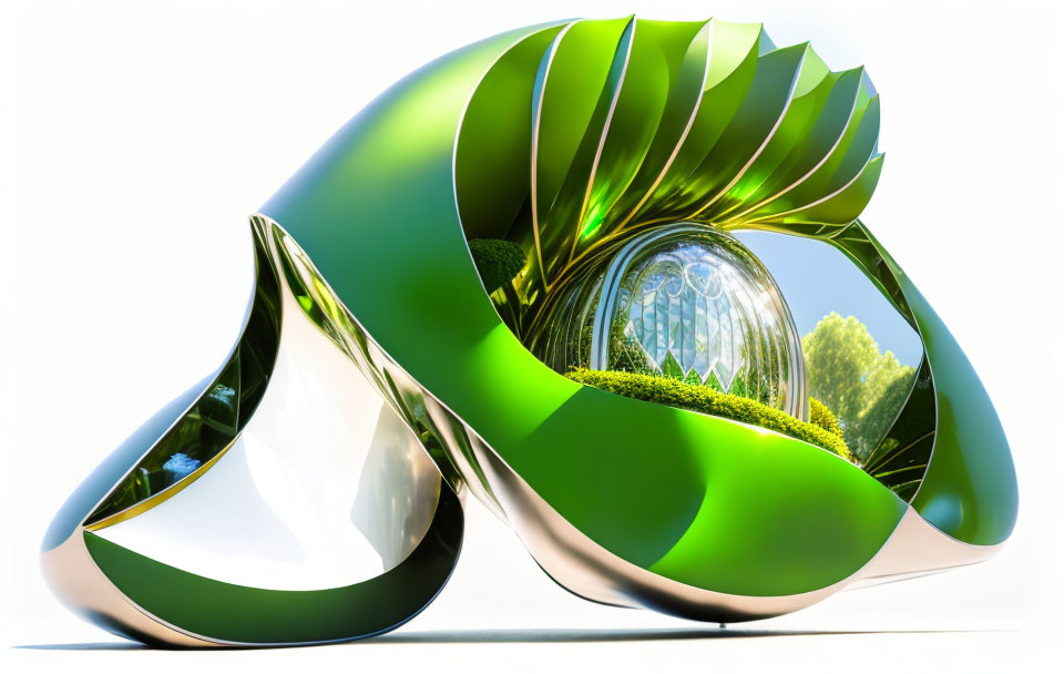 Futuristic green and silver 3D structure with glass sphere and greenery