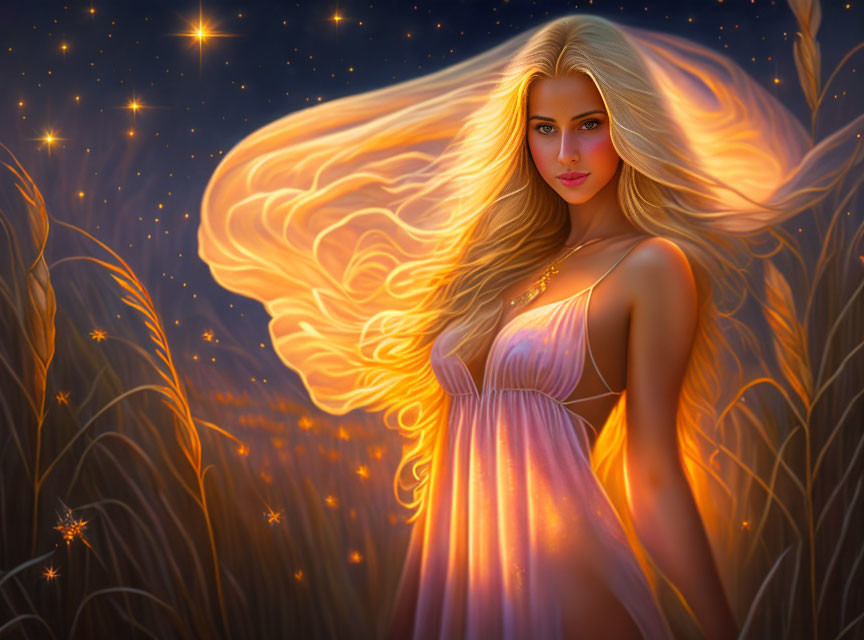 Blonde woman in pink dress in starry field with glowing aura