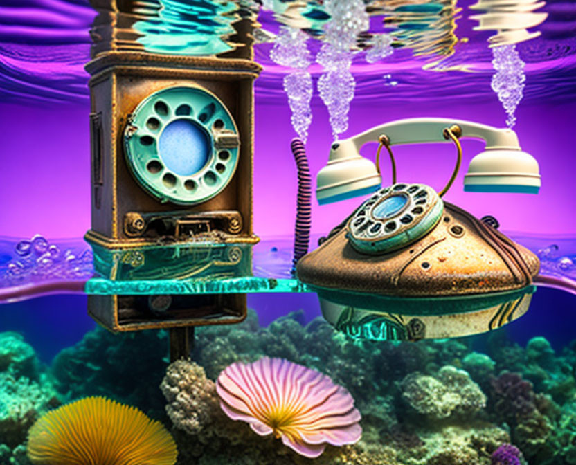 Vintage rotary phone and radio in colorful underwater scene