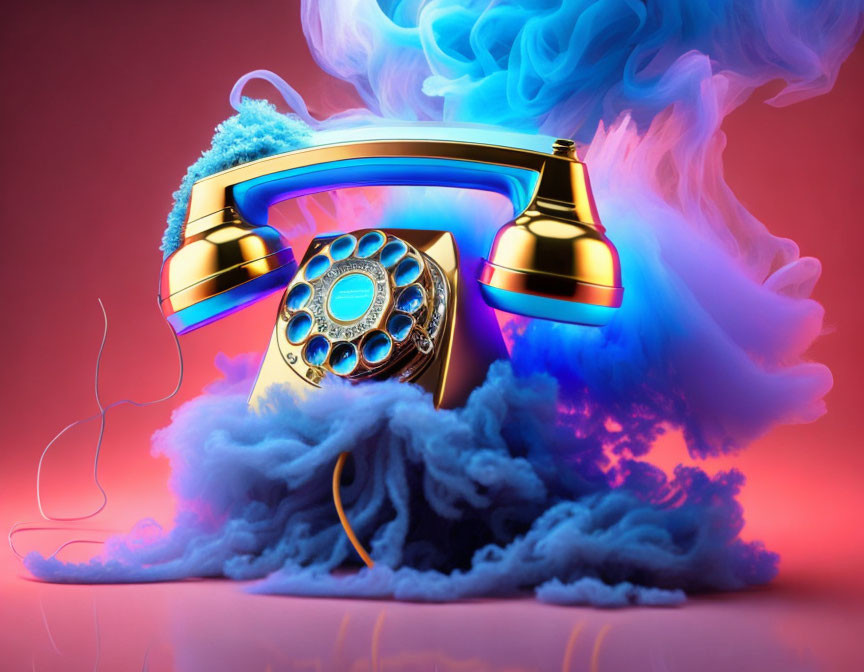 Vintage Rotary Phone Floating Above Blue and Pink Smoke on Gradient Background