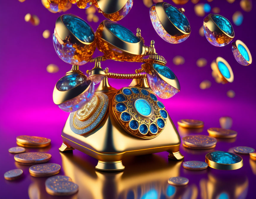 Vintage Telephone with Blue Gemstones and Gilded Coins on Purple Background