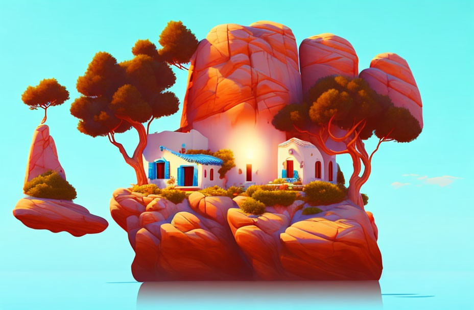 Floating islands with vibrant trees and a white house in an orange-hued illustration