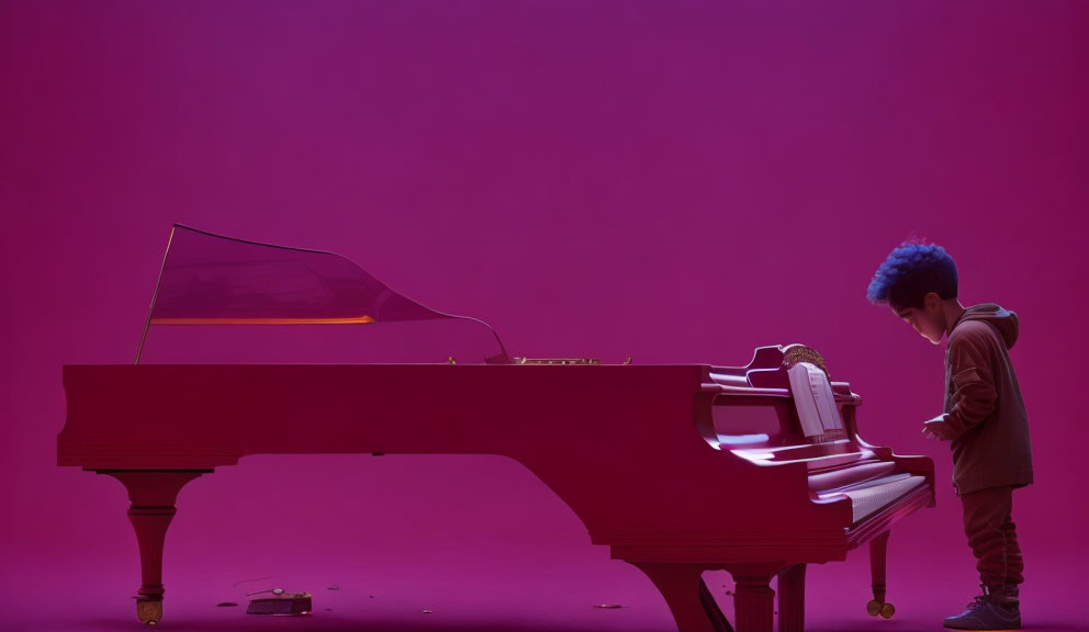 Blue-haired individual at red grand piano in purple-lit room