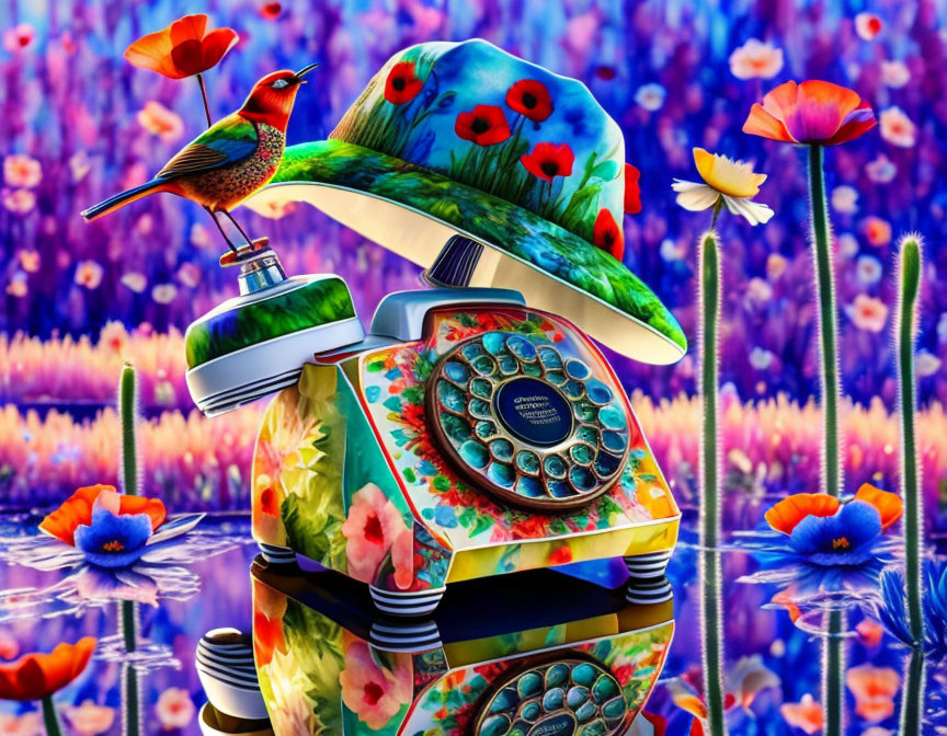 Vintage rotary phone with floral pattern and bird on hat in vibrant field