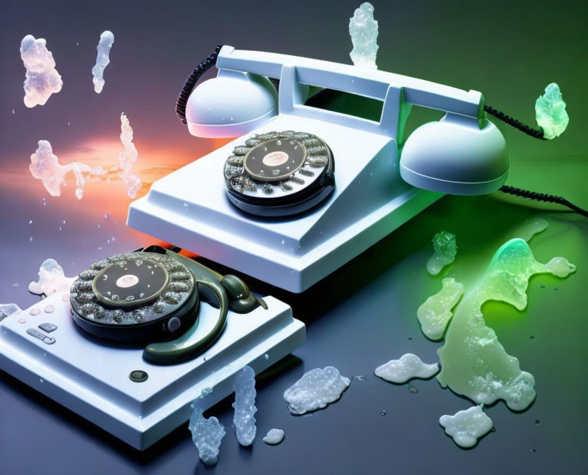 Retro rotary telephones melting in colorful lighting with floating ice-like splashes.