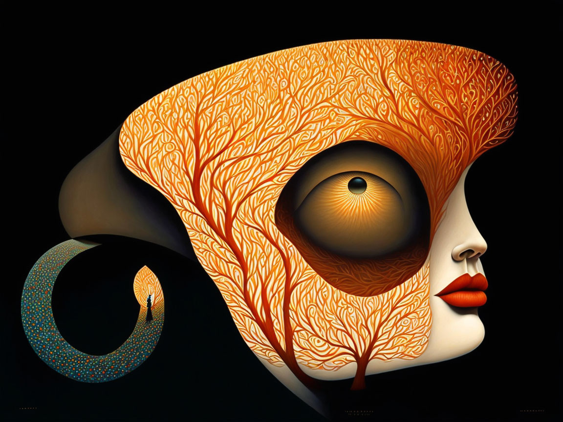 Surreal woman's face with eye, autumn leaves branches, dark backdrop