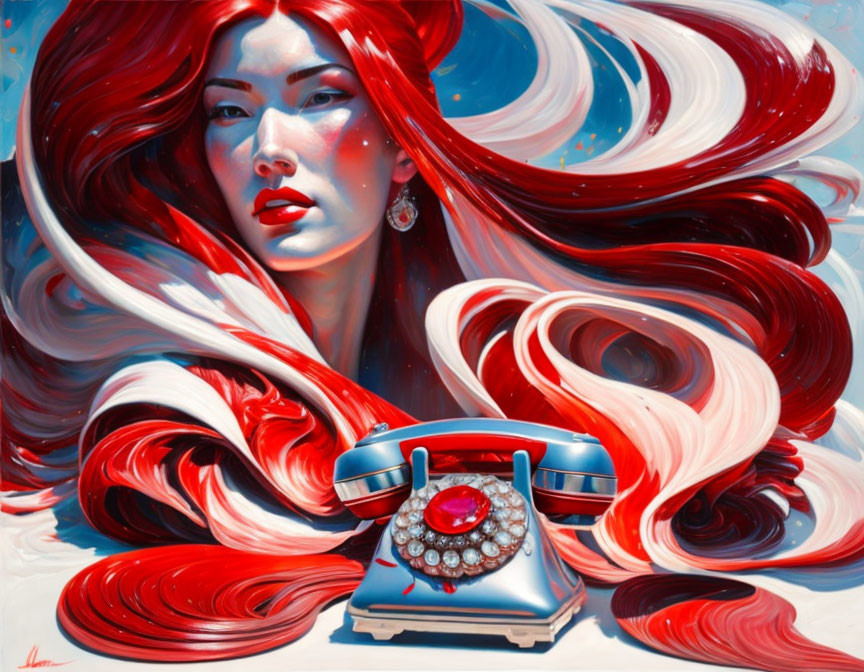 Stylized illustration of woman with red hair and vintage telephone