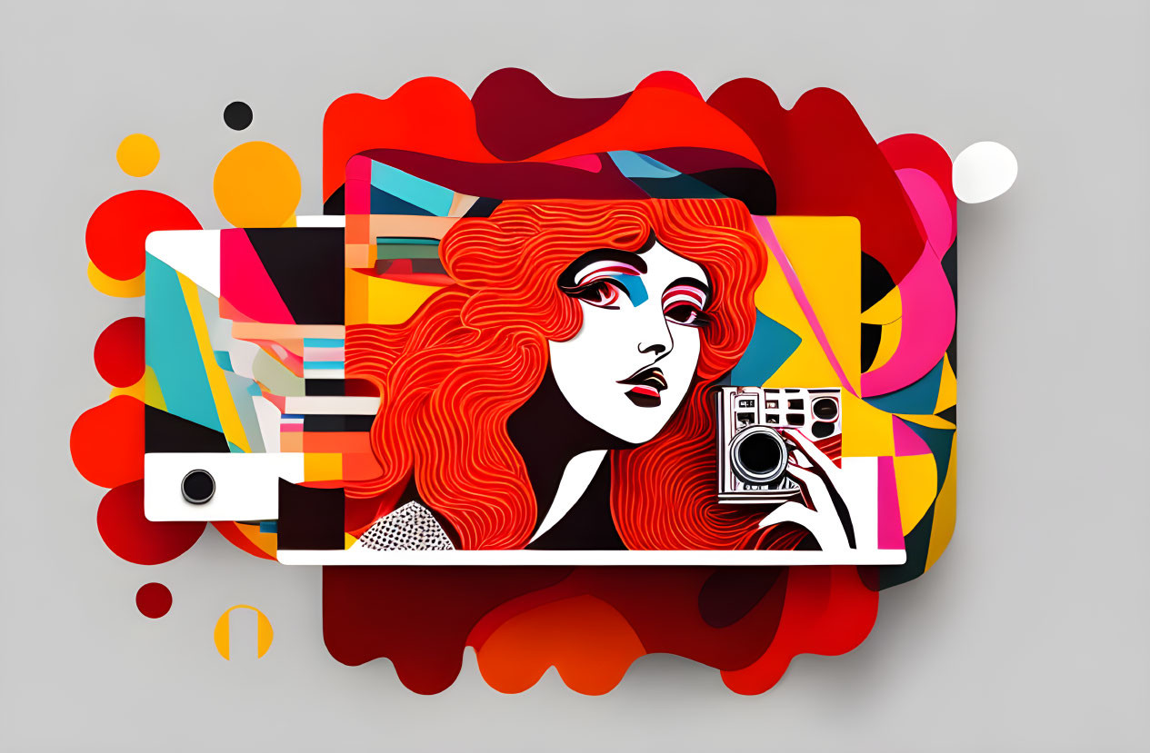 Colorful abstract illustration of woman with red hair holding camera