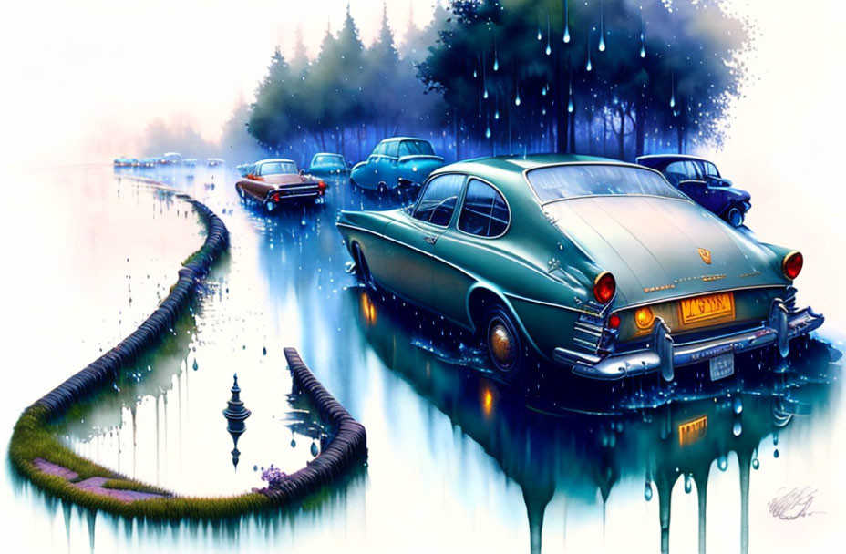 Vintage cars on winding road transform into serpent tail over water in misty landscape.