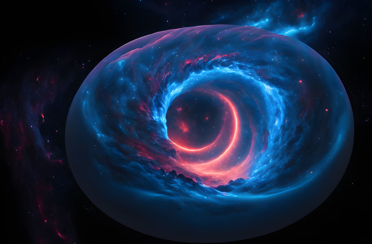 Vibrant cosmic whirlpool with blue and red nebulas