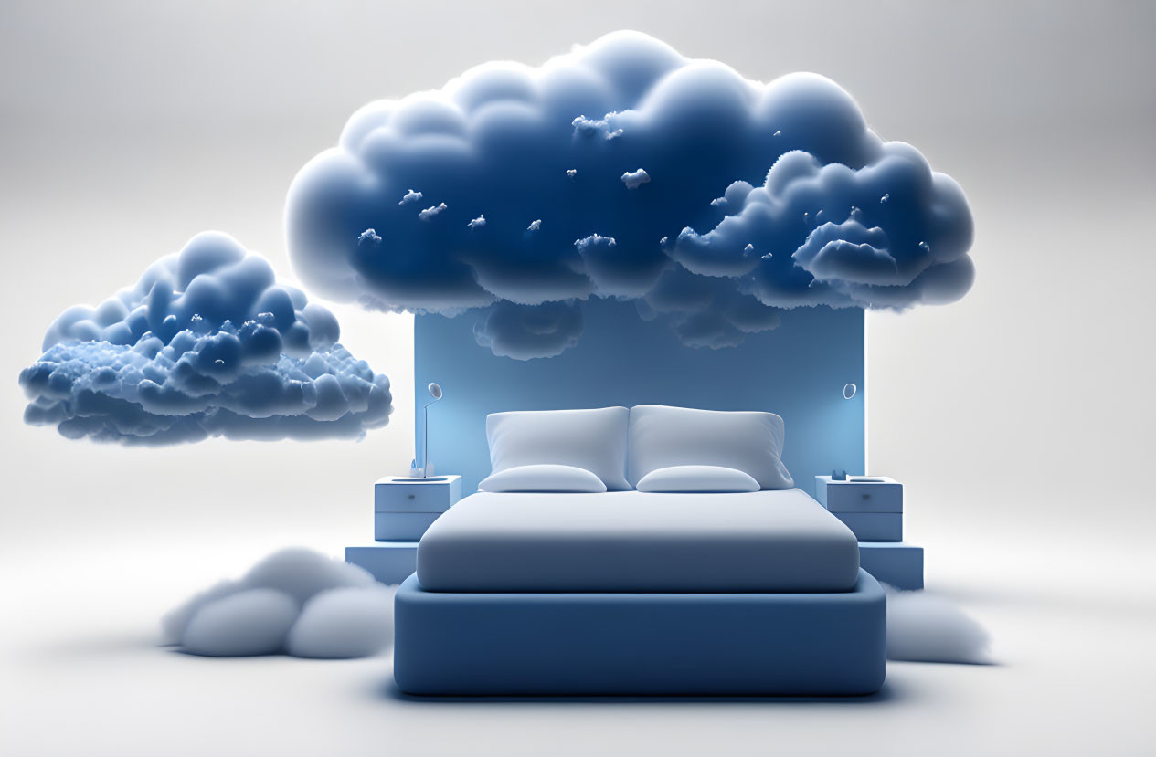 Conceptual image of blue bed with stylized clouds on white background