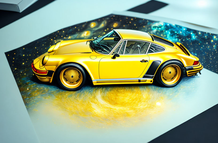 Colorful Illustration: Yellow Porsche with Cosmic Starry Background