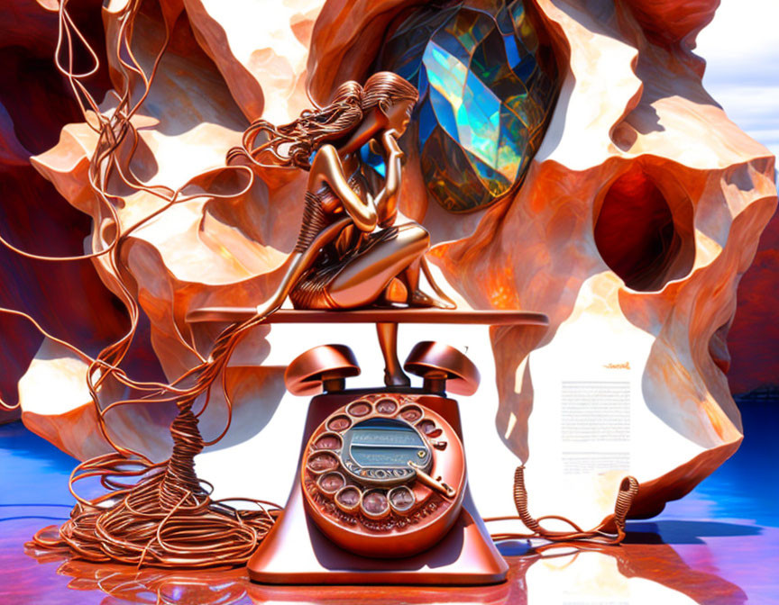 Surreal bronze female figure on telephone in abstract cave setting