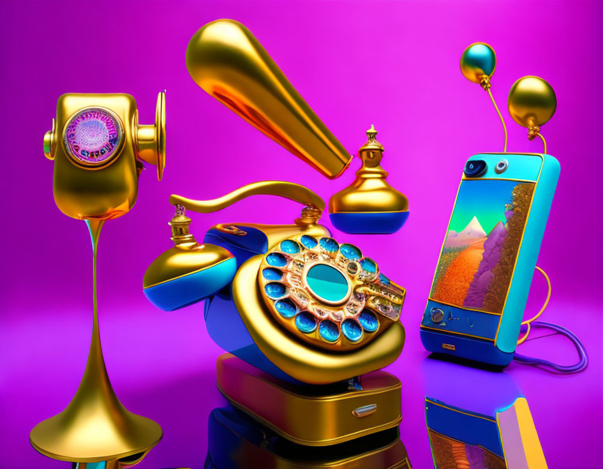 Colorful surreal still life with gold phone, blue perfume bottle, and landscape on smartphone