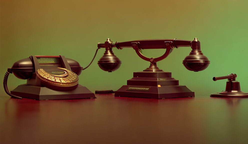 Vintage Rotary Dial Phones on Desk with Old-Fashioned Receiver