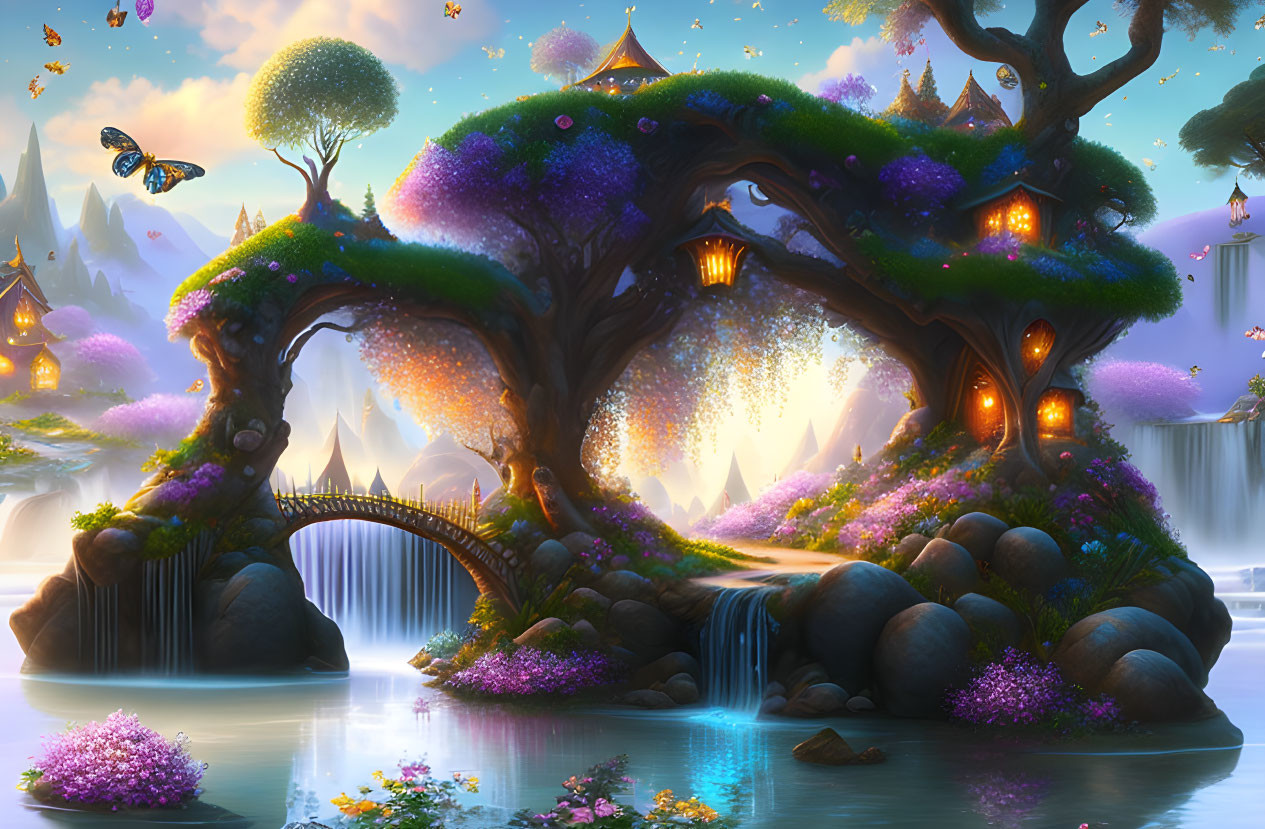 Enchanting fantasy landscape with glowing tree and whimsical houses