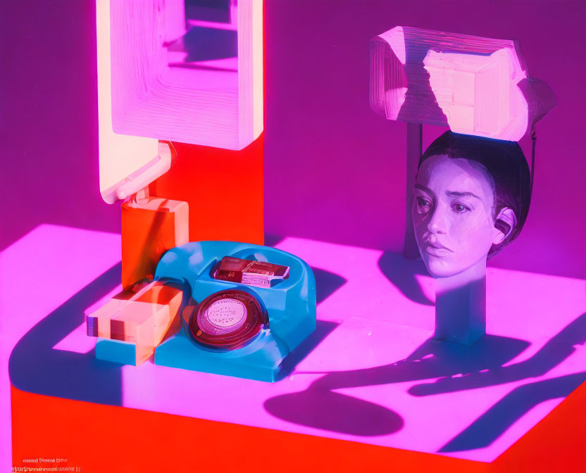 Surreal composition featuring mannequin head, geometric shapes, rotary phone under pink and red lighting