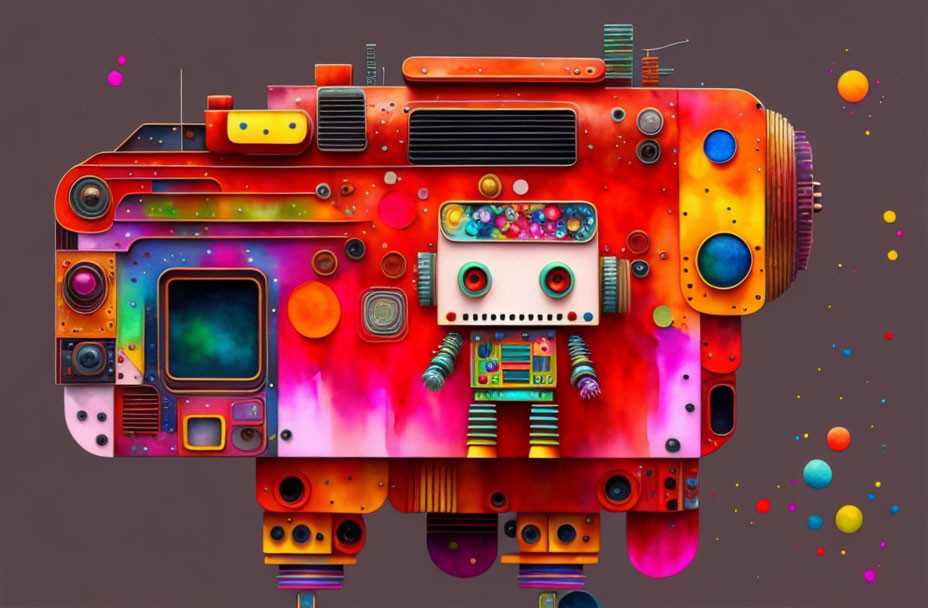 Colorful Whimsical Robot Painting with Cassette Player Body and Multicolored Orbs