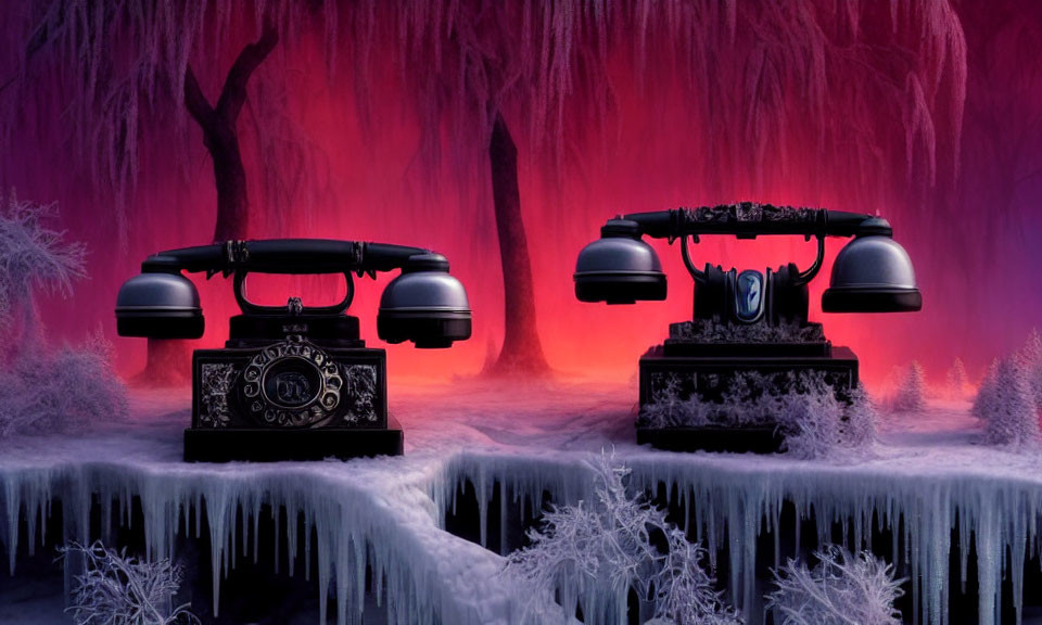 Vintage telephones on icy surfaces with surreal forest backdrop.