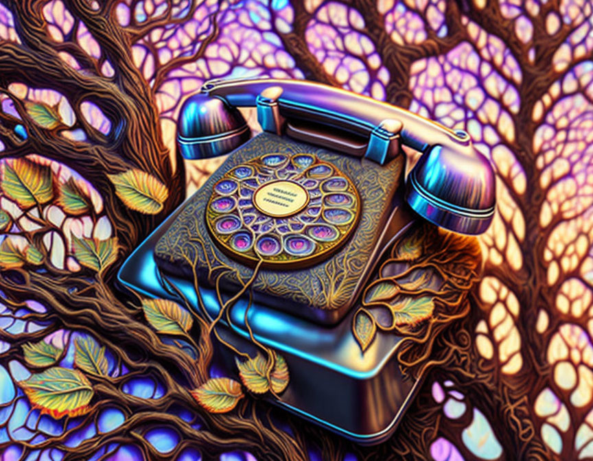 Vintage Telephone with Intricate Patterns in Tree-like Branches