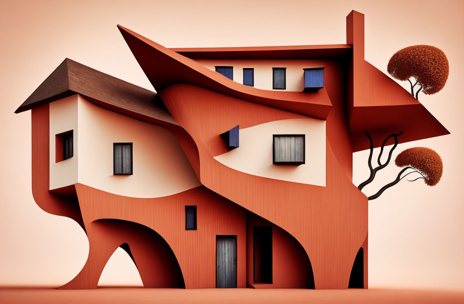 Salmon-colored surreal building with wavy architecture and whimsical tilted roofs next to stylized trees.