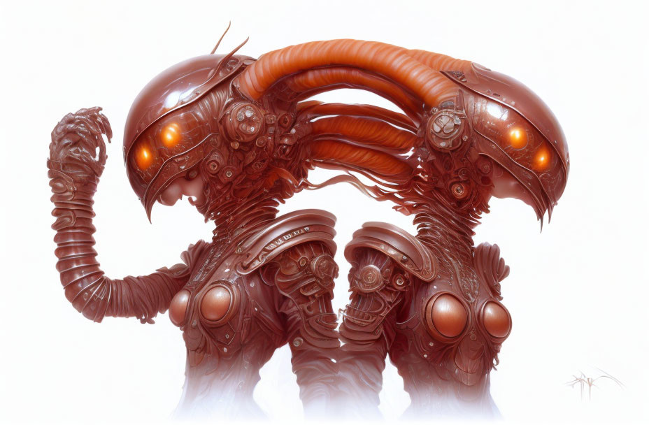 Orange bio-mechanical creature with glowing eyes and intricate armor on white background