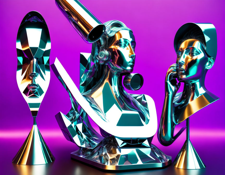 Metallic Sculptures of Stylized Human Heads on Purple Background