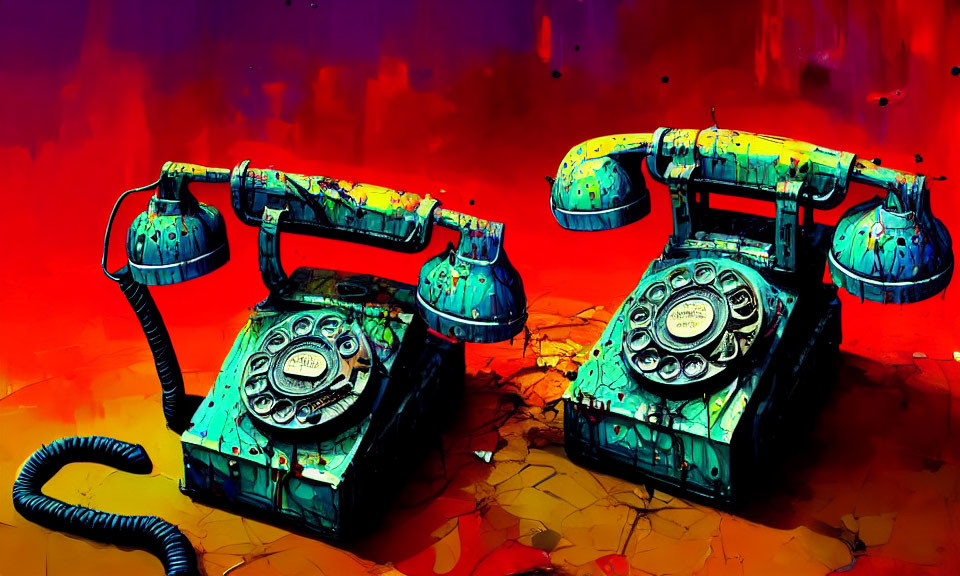 Vintage turquoise rotary dial telephones on red-orange background, aged with surface cracks.