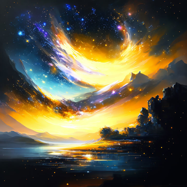 Cosmic digital painting: swirling star-filled skies over tranquil water