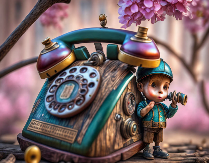 Vintage-style animated character with old-fashioned telephone in hand, surrounded by pink flowers.