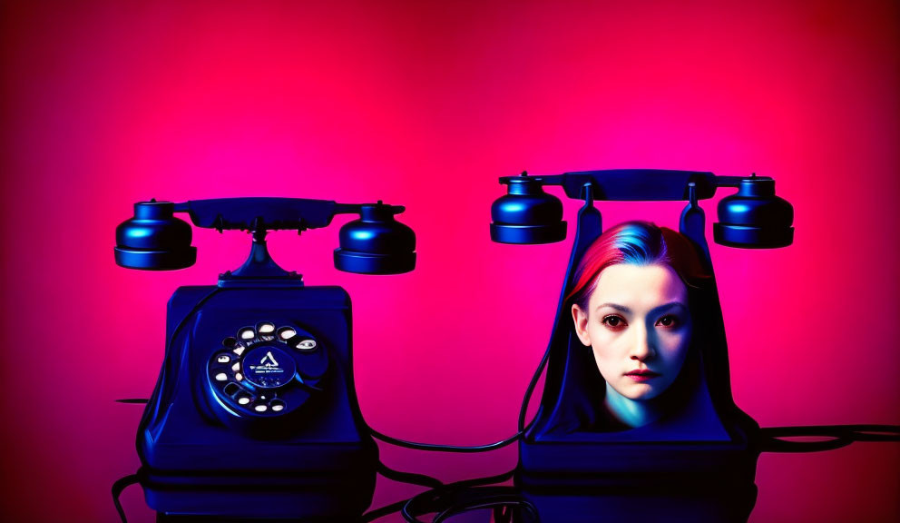 Surreal image of woman's face split between vintage black rotary phones