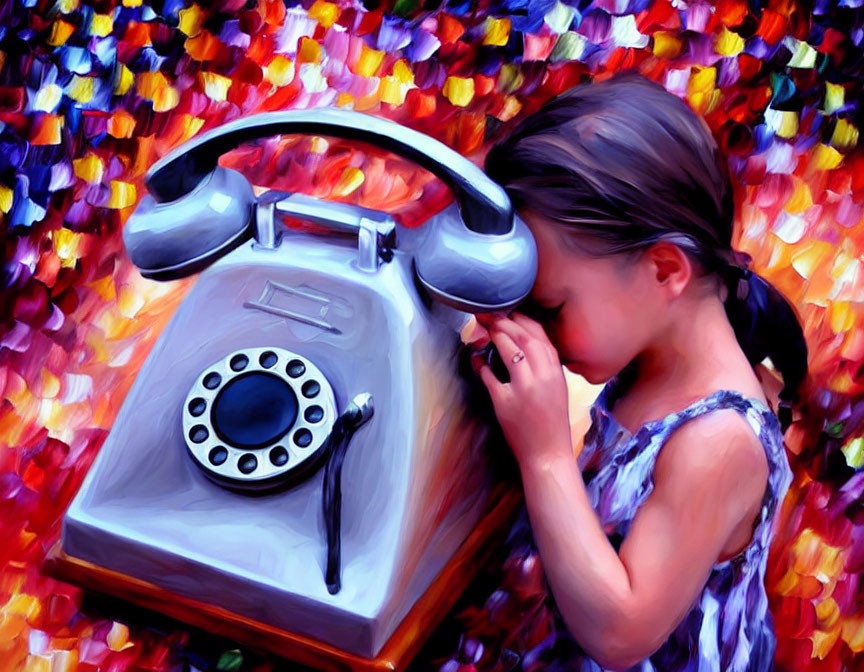 Young girl exploring vintage rotary telephone on vibrant background