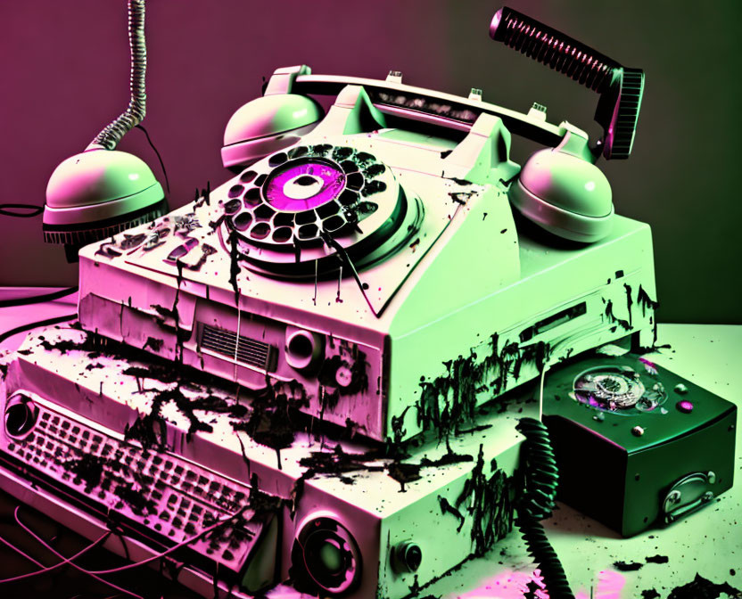 Neon-hued vintage rotary telephone and radio with ink splatters