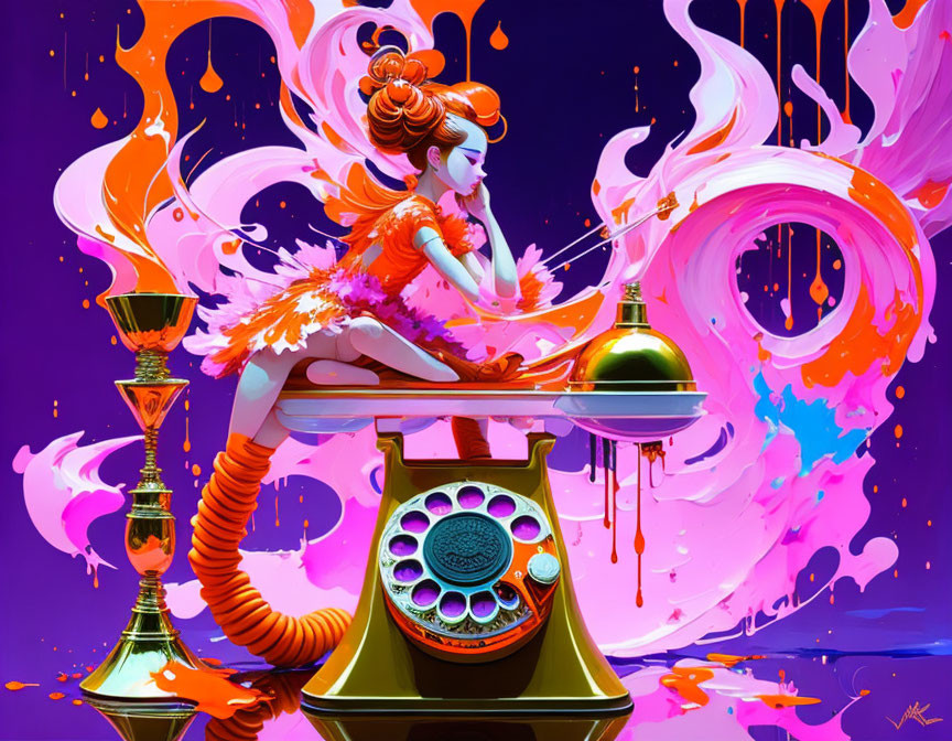 Colorful Whimsical Illustration of Woman on Vintage Telephone