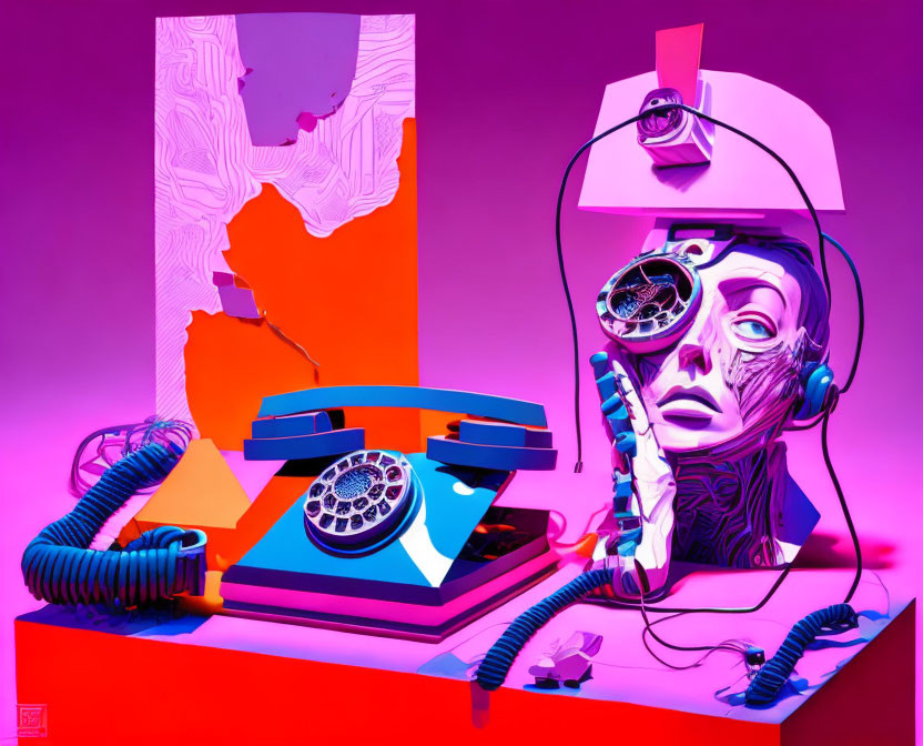 Detailed surreal illustration of retro phone, mannequin head with watch eyes, on purple backdrop