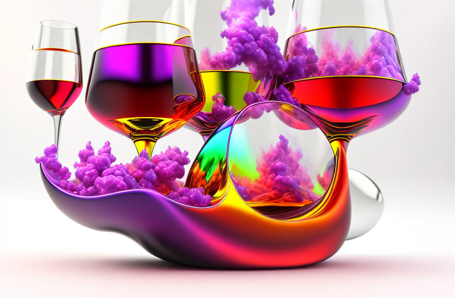 Vibrant liquid and purple smoke in distorted glasses on white background