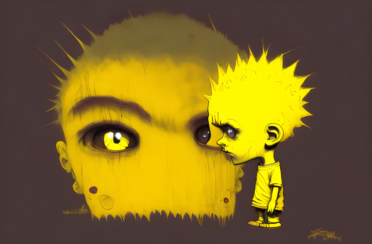 Spiky-haired character gazes at yellow-eyed face on purple background