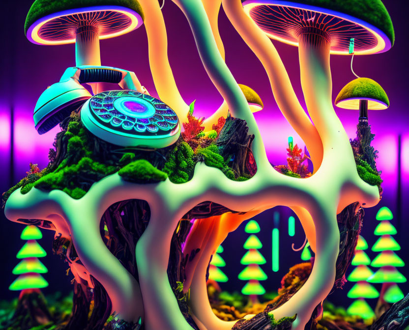 Fantasy mushroom forest digital art with neon colors & futuristic elements