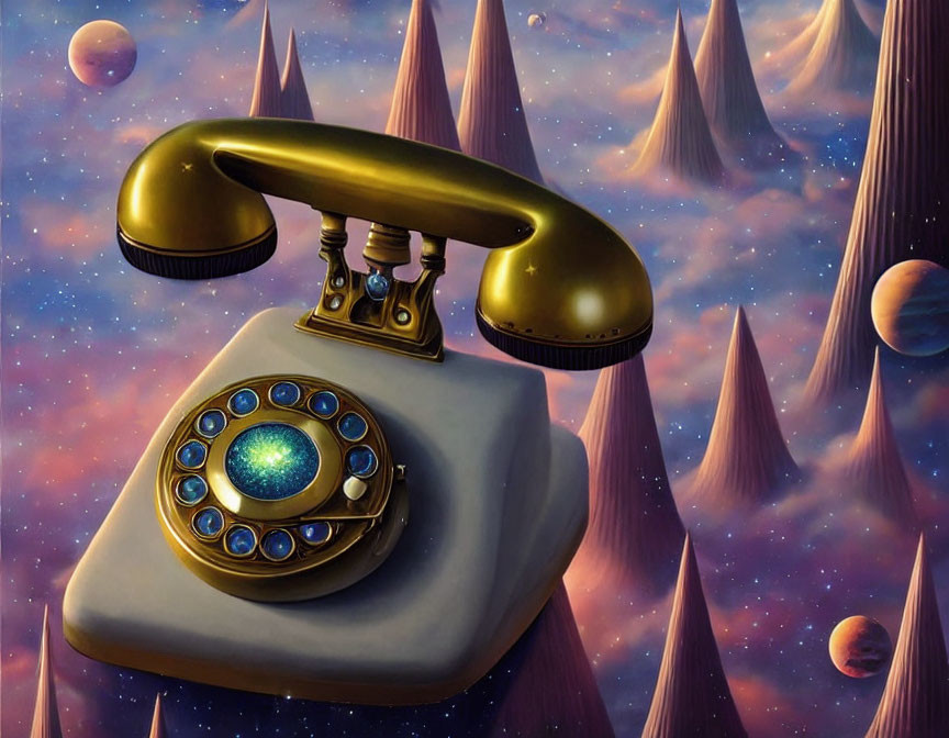 Vintage Telephone with Cosmic Scene in Dial amid Surreal Landscape