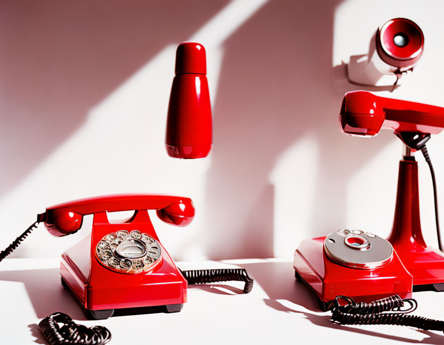 Vintage red telephones and lamp casting shadows on white surface