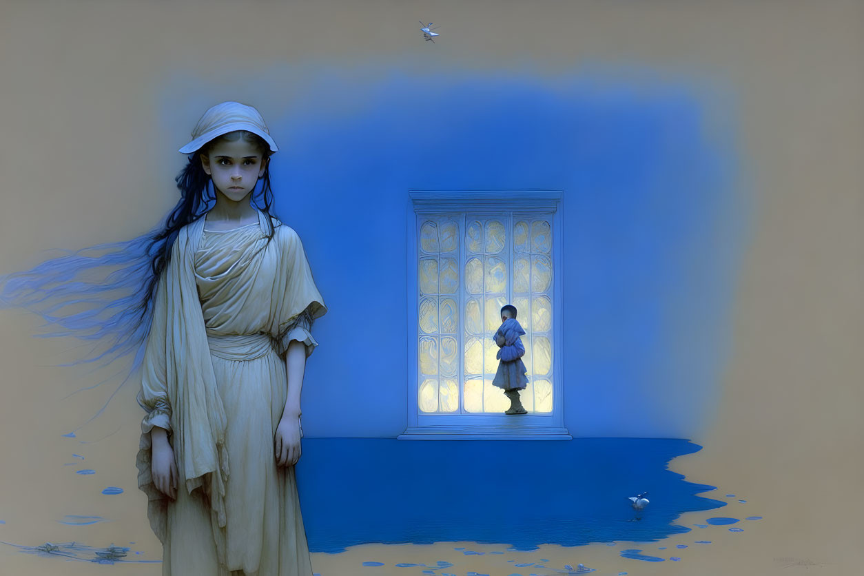 Surreal artwork with girl in classical attire, blue aura, luminous figure in window, and