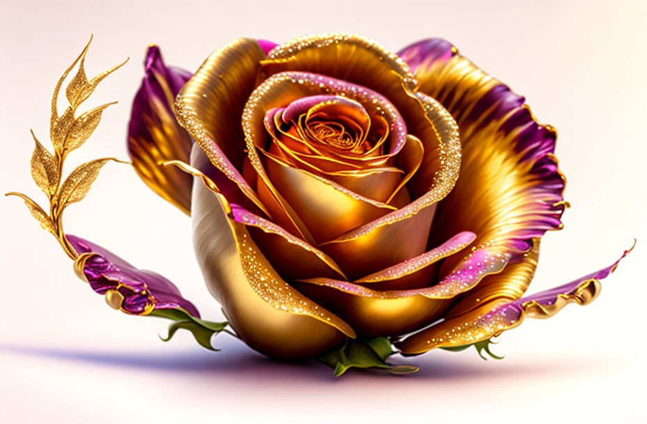 Rose with Gold and Purple Petals on Pink Background with Sparkles