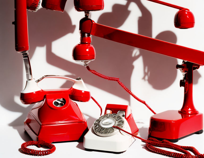 Vintage red rotary phones with disconnected handsets and tangled cords on white background