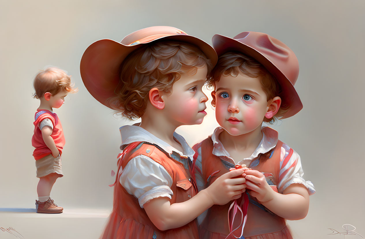 Young children in cowboy hats sharing a moment in soft, warm tones