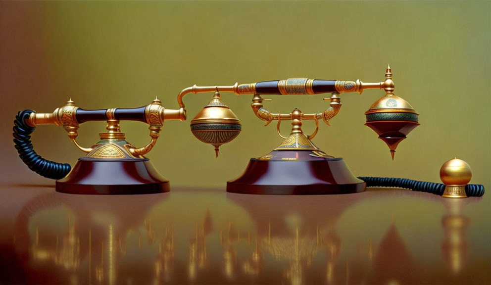 Vintage ornate telephones on reflective surface with golden backdrop.