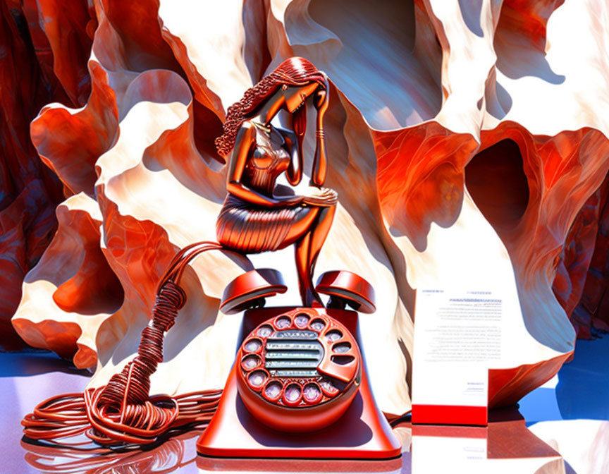 Surreal red rotary phone with twisted cord and floating handset in ethereal rocky landscape