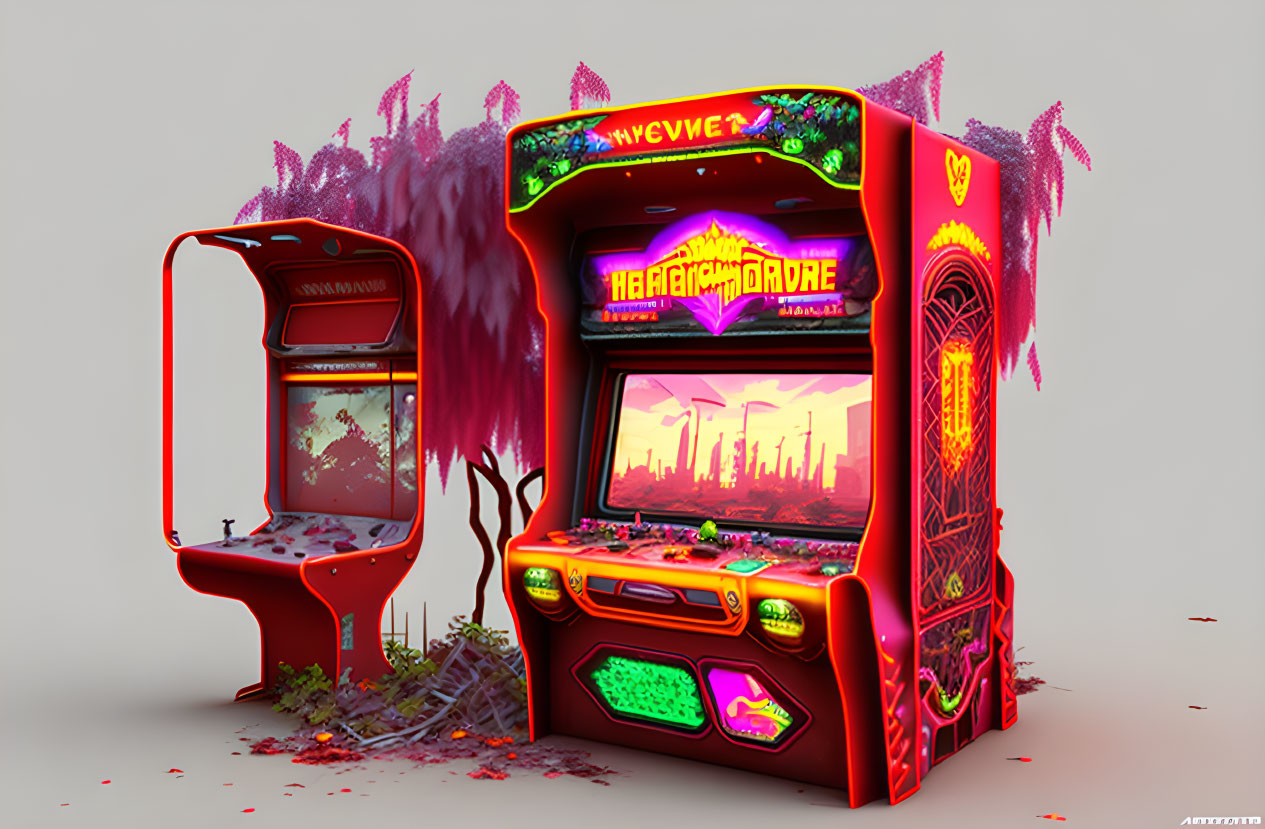 Vivid neon retro arcade machines in surreal purple foliage