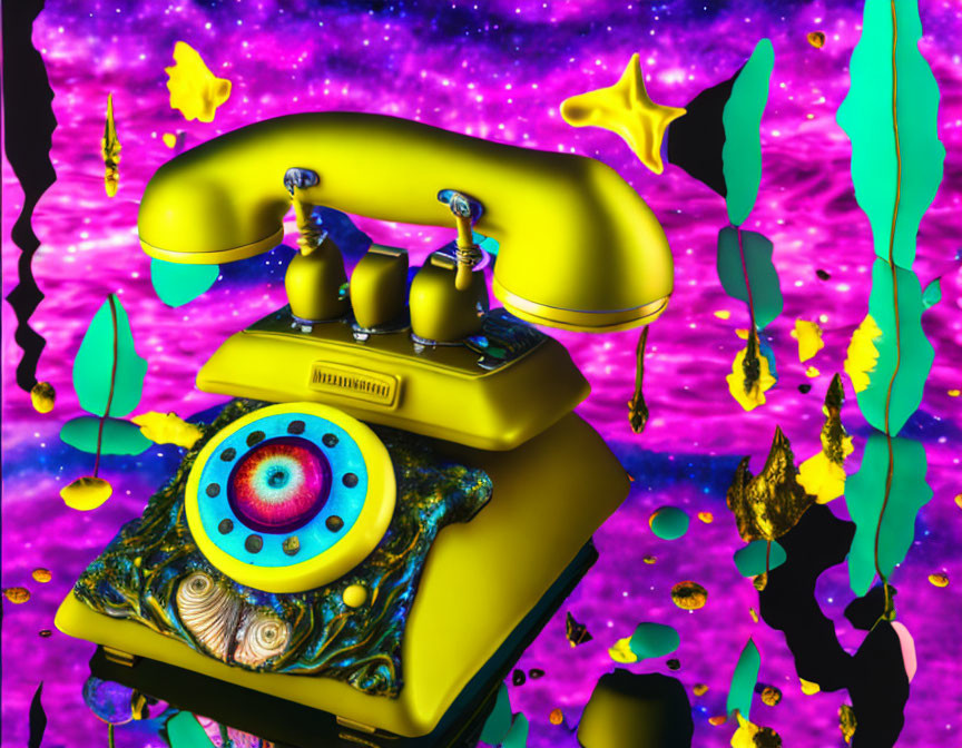 Psychedelic artwork of yellow vintage telephone with eye on dial in cosmic setting